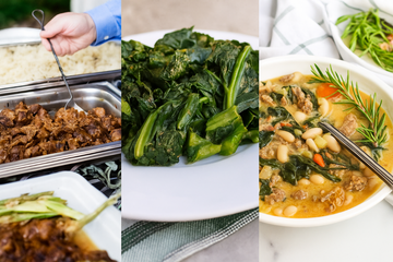 Dishes including meat, greens, and soup.